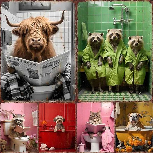 Cute and Funny Metal Tin Sign Poster Cow Toilet Canvas Painting Bubble Bath and Wine Prints Black and White Wall Art Home DecorXJ241120