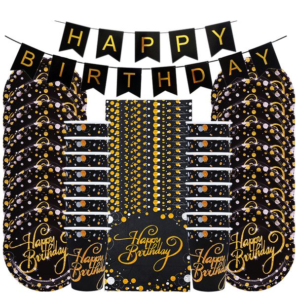 Disposable Flatware 49pcs-set Gold Black Birthday Party Tableware Set Happy Plates Cups Napkin Home Decoration 230216