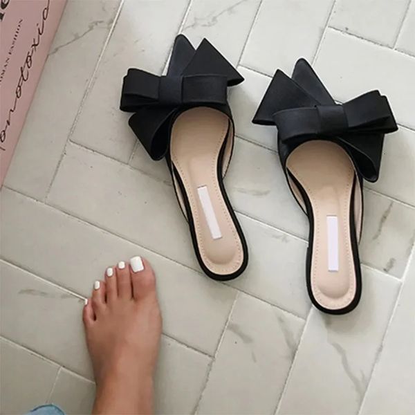 Spring and Summer Womens Shoes Korean Silk Satin Pointed Bow Tie Slippers Baotou Flat Heel Sets Semi Slippers 250118