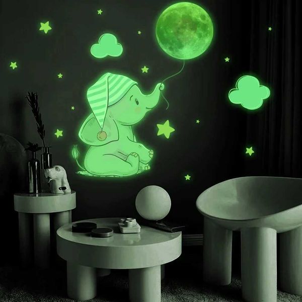 Baby elephant moon glow in the dark wall sticker set used for childrens Ro decoration Y250116