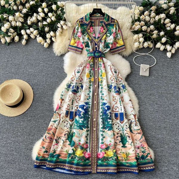 Fashion Ventilation 2024 Summer New Womens Shirt Collar Single Breasted Waist Wrap Print French Elegant Long Dress Floral Dress Waist Novelt