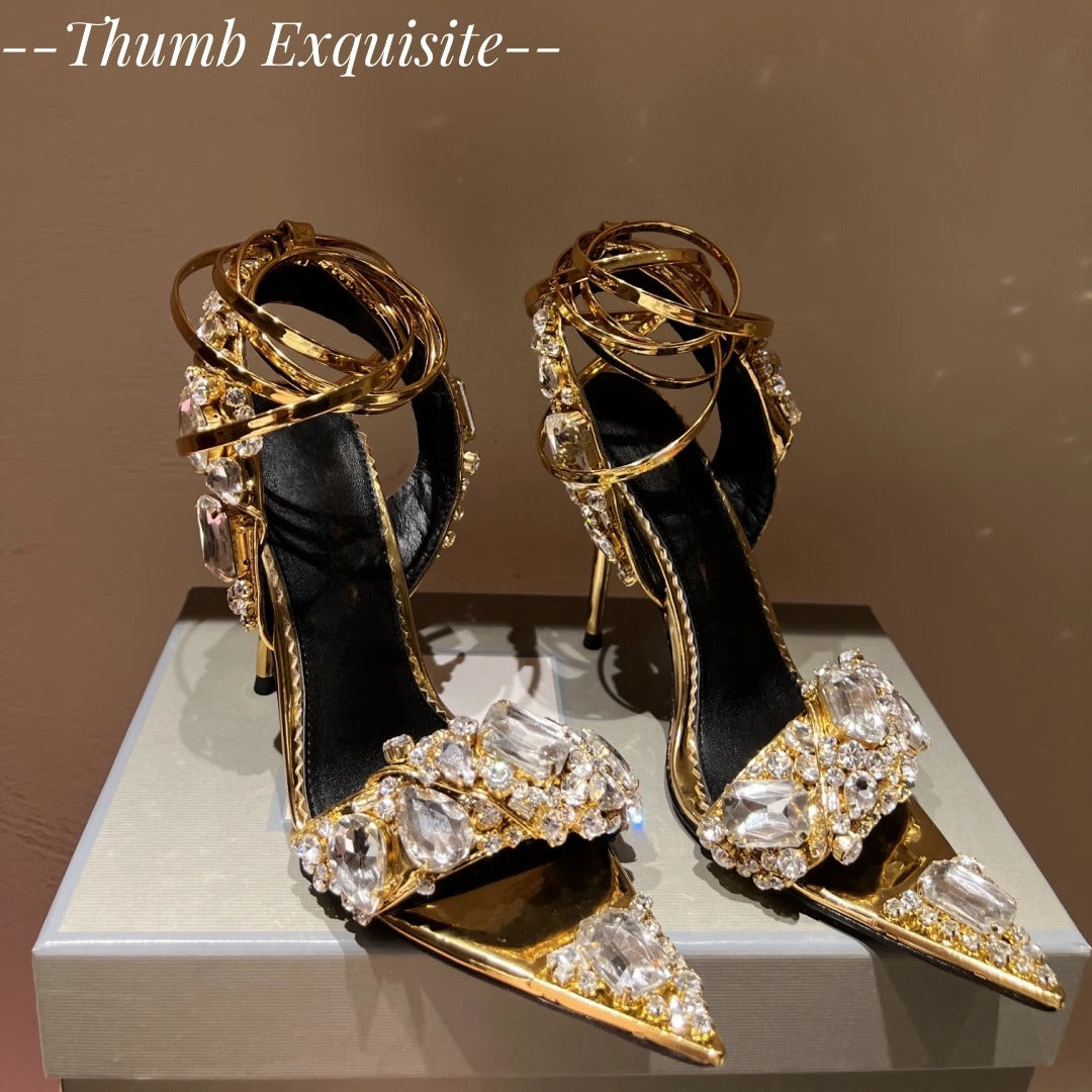 Rhie Gladiator Womens Heels Lace up Banquet Crystal Shoes Summer Slim High Heel Sandals 240605