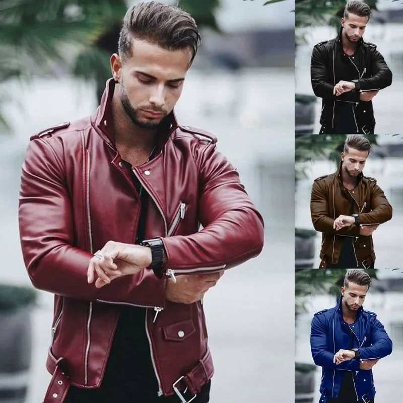 New autumn and winter mens Pu leather jacket oversized stand up collar fashionable slim fit zipper leather jacket W240918