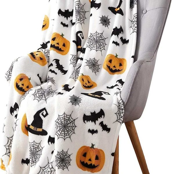1 Halloween themed flannel blanket spider web witch hat black bat pumpkin print soft and comfortable throw blanket perfect gift Y241022