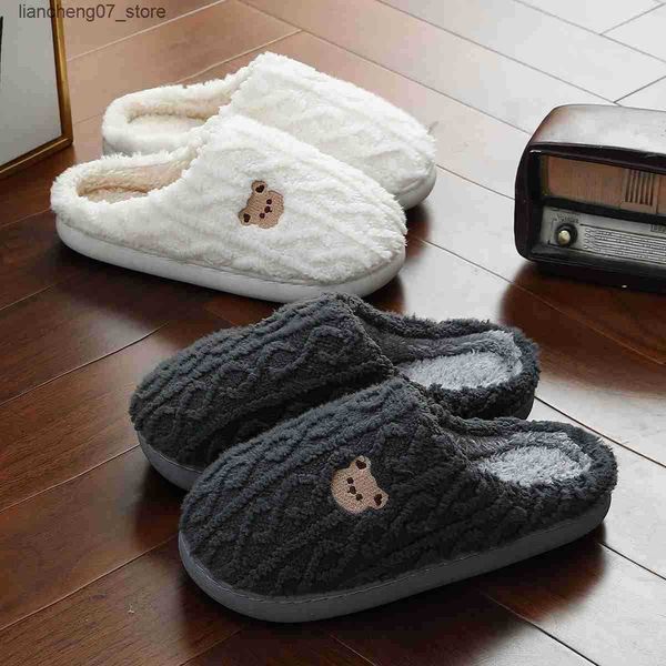 Slippers Winter Casal Cartoon Prinha de urso de malha e anti -Slip Warm Womens Home Cotton Shoes J241211