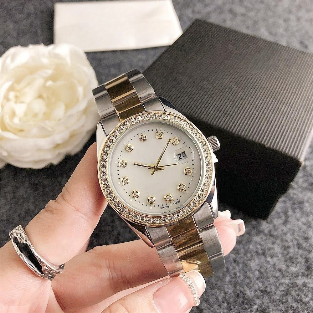 Fashion Full Brand Wrist Watches Women Girl Pretty Crystal Shell Dial Style With Date Steel Metal Band Quartz Clock R340