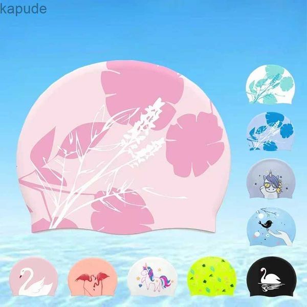 Swimming caps Adult Printed Silicone Swimming Cap Women Waterproof Ear Protecton Long Hair Hat Beach Pool Accessories 240416