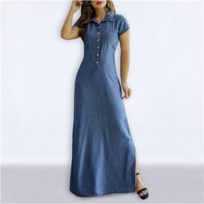(1611) Shirt Collar Slit Pocket Large Swing Skirt Large Size Casual Denim Dress