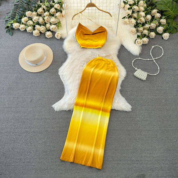 Fashionable set for women pile up collar strapless camisole two-piece high waisted gradient color wrapped hip skirt summer