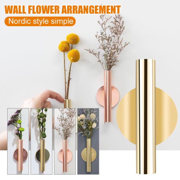 Vases 1Pcs Creative Rose Golden Stainless steel Vase Wall Holder Flowerpot Home Wedding Decoration For Livingroom Wall Mirror Vase 230522
