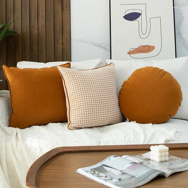 Pillow Orange Houndstooth Cover45x45cm Velvet Square Round Pillowcase Sofa Bed Car Decor Nordic Simple Throw Pillows Boho