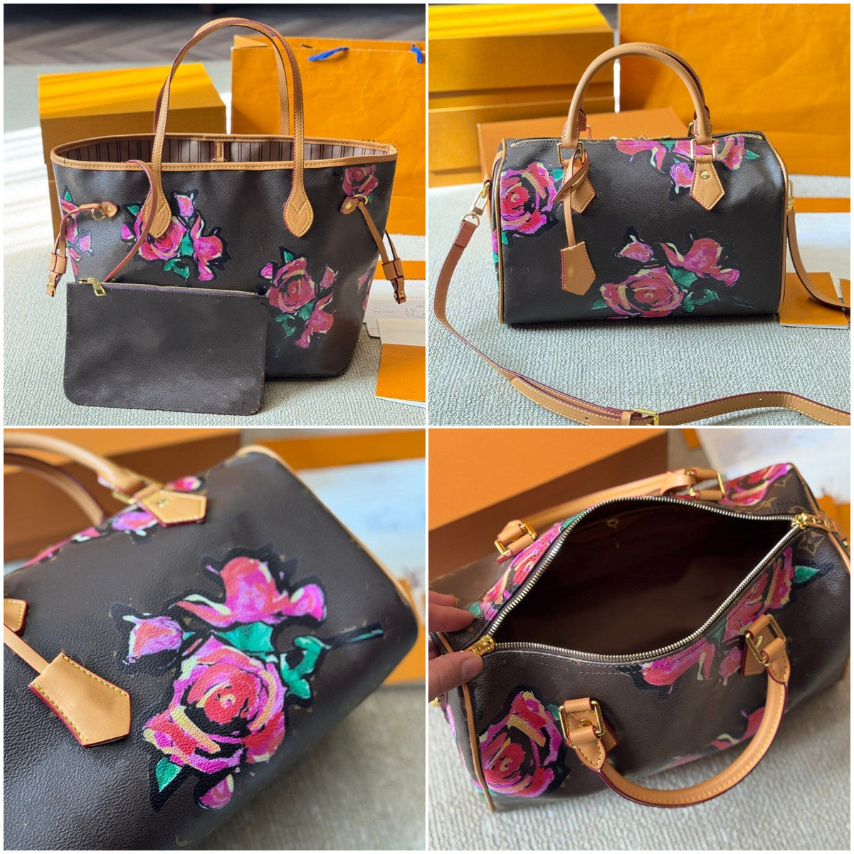 Designer Women&#039;s Speedys 30 Pillow Bag Rose Graffiti Fashion Single Shoulder Pillow Bag High Quality NF Leather Graffiti Shopping Bag Handbag W