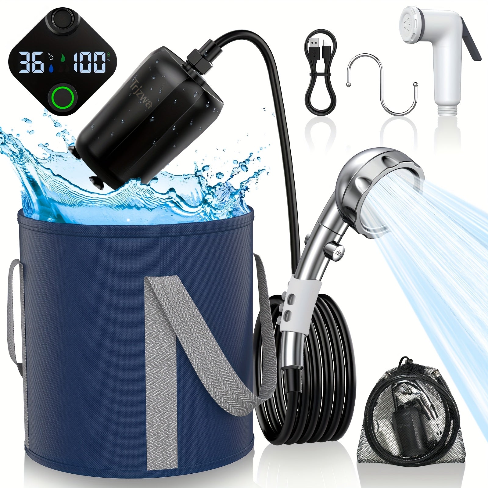 TEMU Portable Shower Equipment, Rechargeable Shower Pump, Usb Charging, Digital Display, Adjustable Shower Head And Folding Bucket Outdoor Shower,