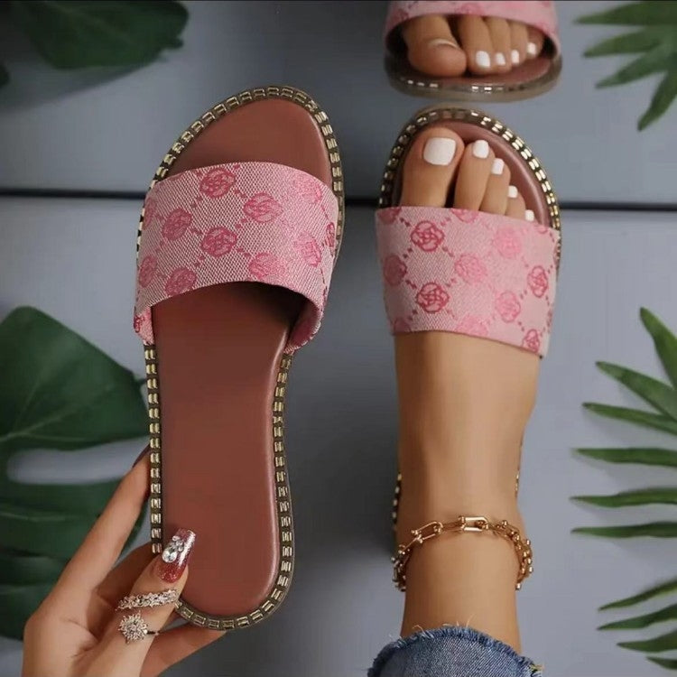 Fashion Slipper Women Summer Sandals Flat Sole Flower Print Slip-On Beach Slides Shoes