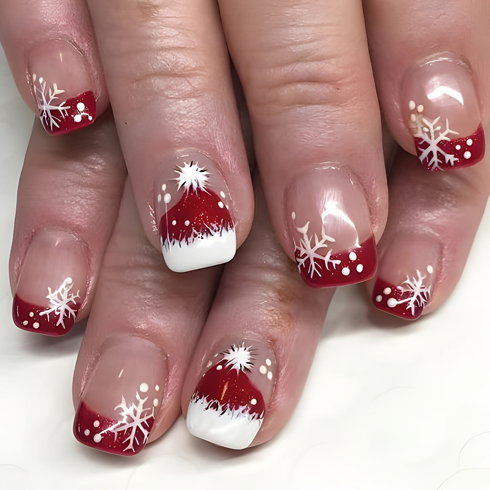 TEMU 24pcs Christmas Press-on Nails Set - Red French Tip With Santa Hat & Snowflake Design, Glossy Short Square False Nails For Holiday Parties &