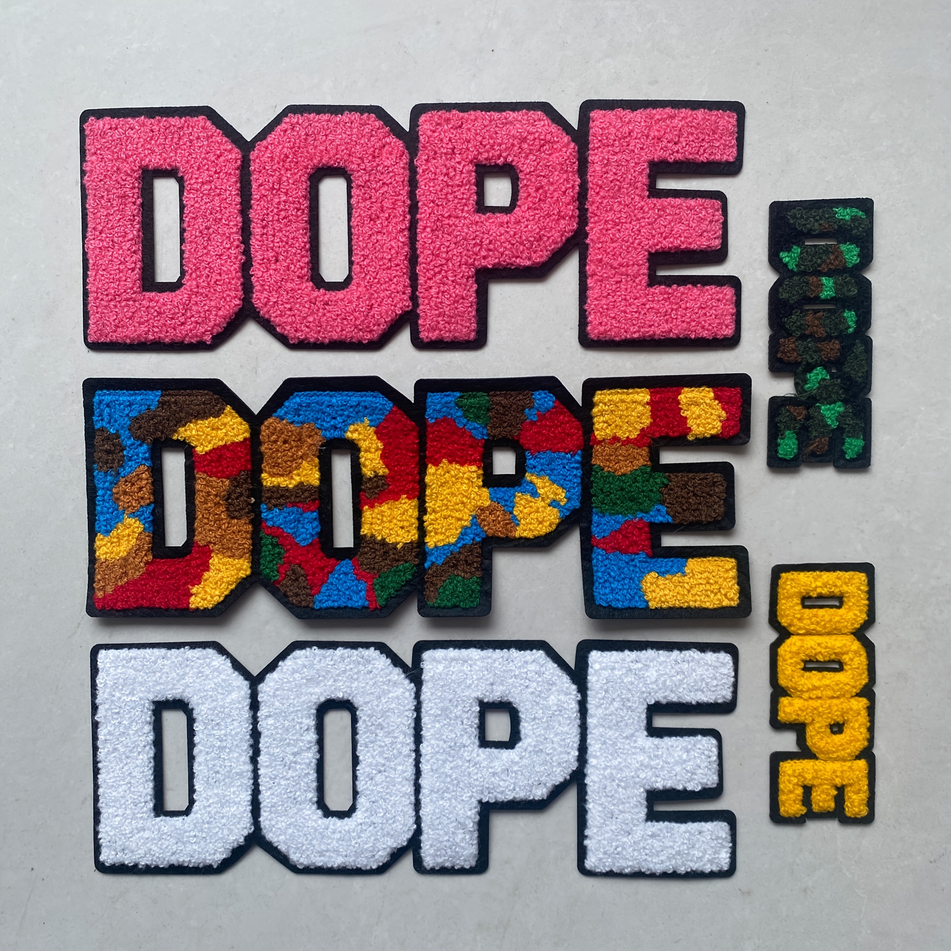 TEMU 5pcs Vibrant "dope" Embroidered Patch Set - Colorful, Glittery Letter Appliques For Clothing, Bags, Hats | Diy Sewing Decor For ,