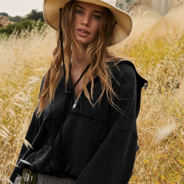 Yoga Women&#039;s Sports Hoodie Zipper Drawstring Long Knitted Top Dropped Shoulder Sleeve Fies lloz