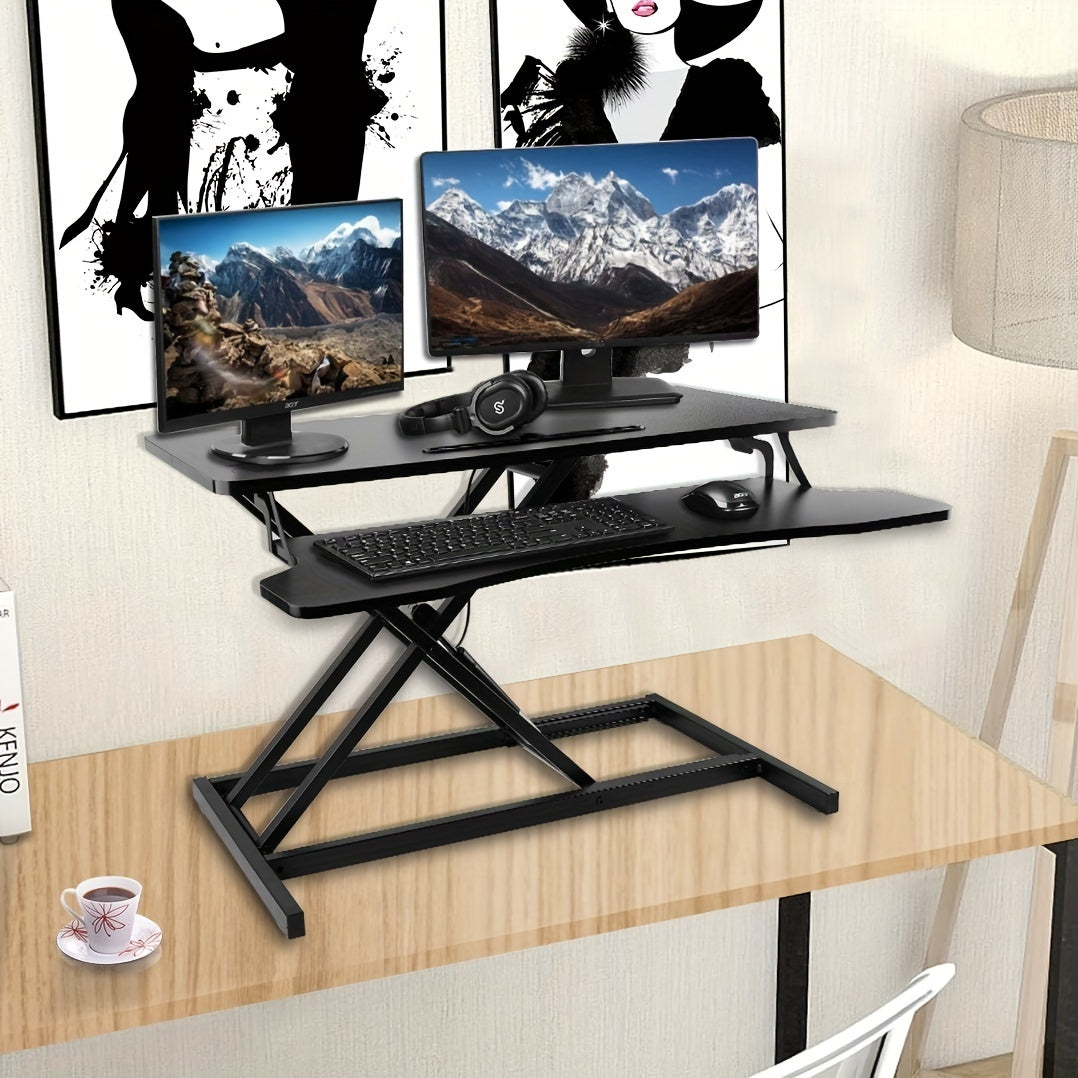 TEMU 32'' Adjustable Sit To Stand Up Desk Workstation, Dual Monitor Desk Riser With Keyboard Tray - Black