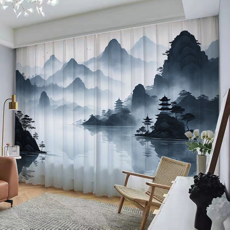 YL-37054 Chinese style ink landscape painting, new Chinese style curtains, new mesh curtains, classical and simple living room window curtain