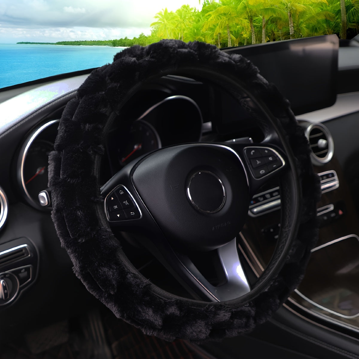 TEMU 1pc Plush Winter Steering Wheel Cover With Soft Rabbit Fur - No , Warm & For 14.1-15 Inch Cars, Black With White Stitching, Cold , Cold Weather