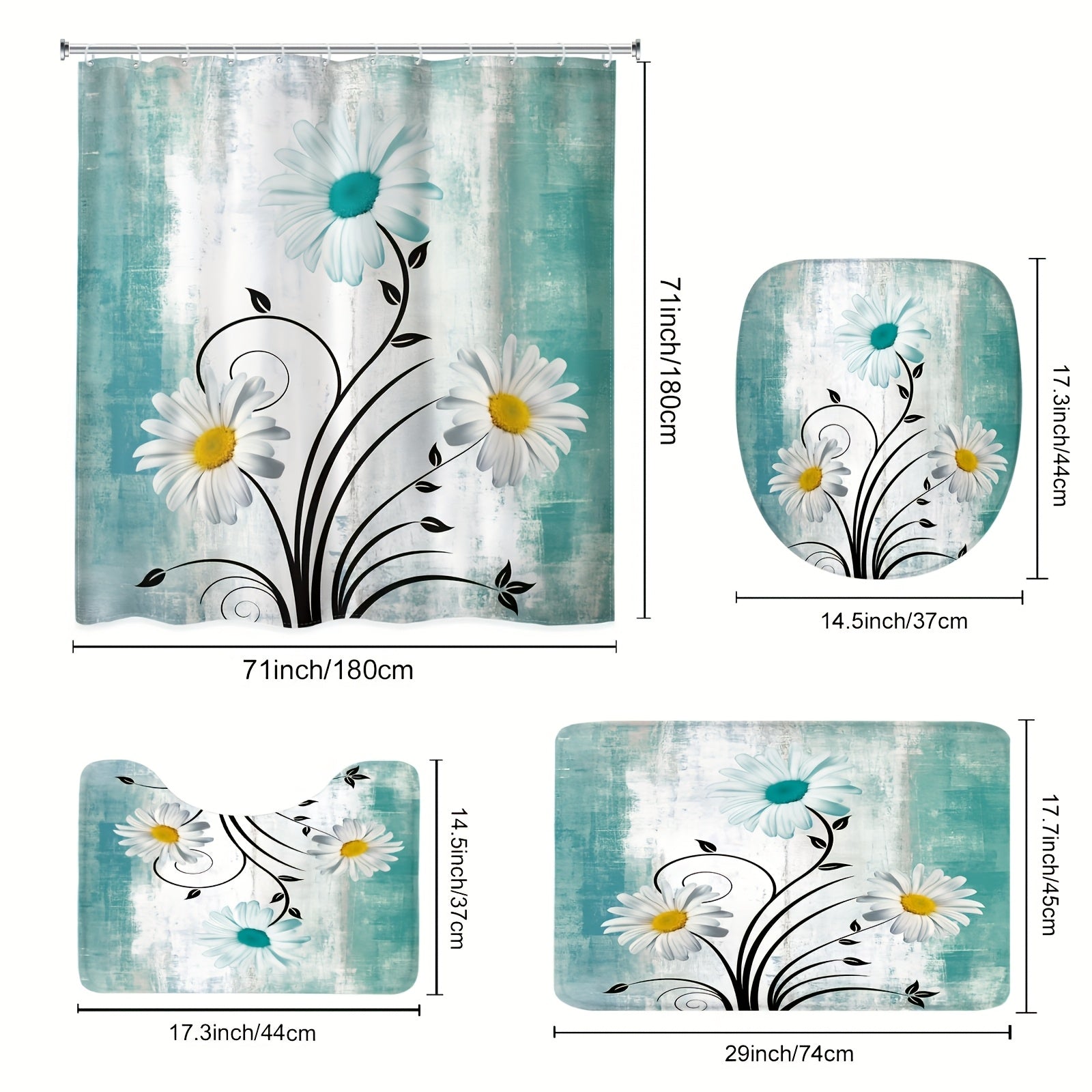 TEMU 1pc-4pcs Farmhouse Floral Shower Curtain Set, 71inch*71inch Waterproof Bathroom Partition Curtain With 12 Hooks, Non-slip Bath Rug, Toilet Mat,