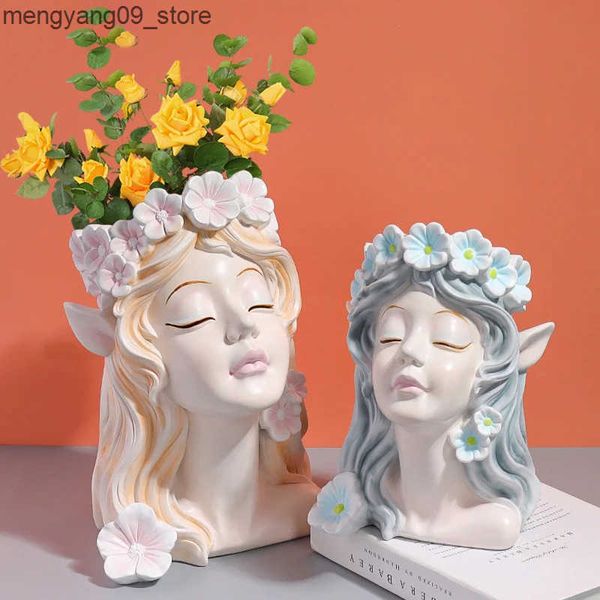 Vases Nordic Resin Vase Flower Fairy Angel Human Head Abstract Half Body Arrangement Human Face Modern Home Interior Decoration J241210