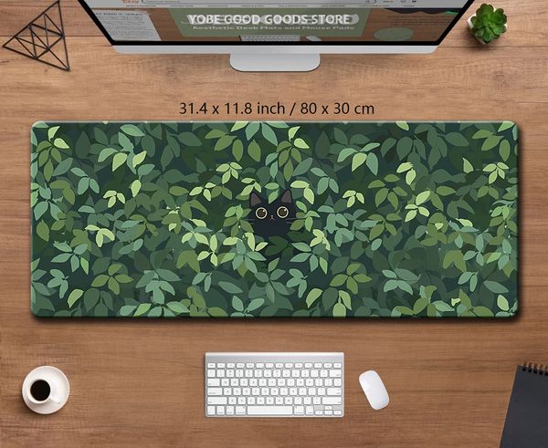 Cute Green Desk Mat Kawaii Black Cat Mousepad Aesthetic Plants Nature Laptop Rug Round Mousepad Large Gaming Deskmat mouse Pad