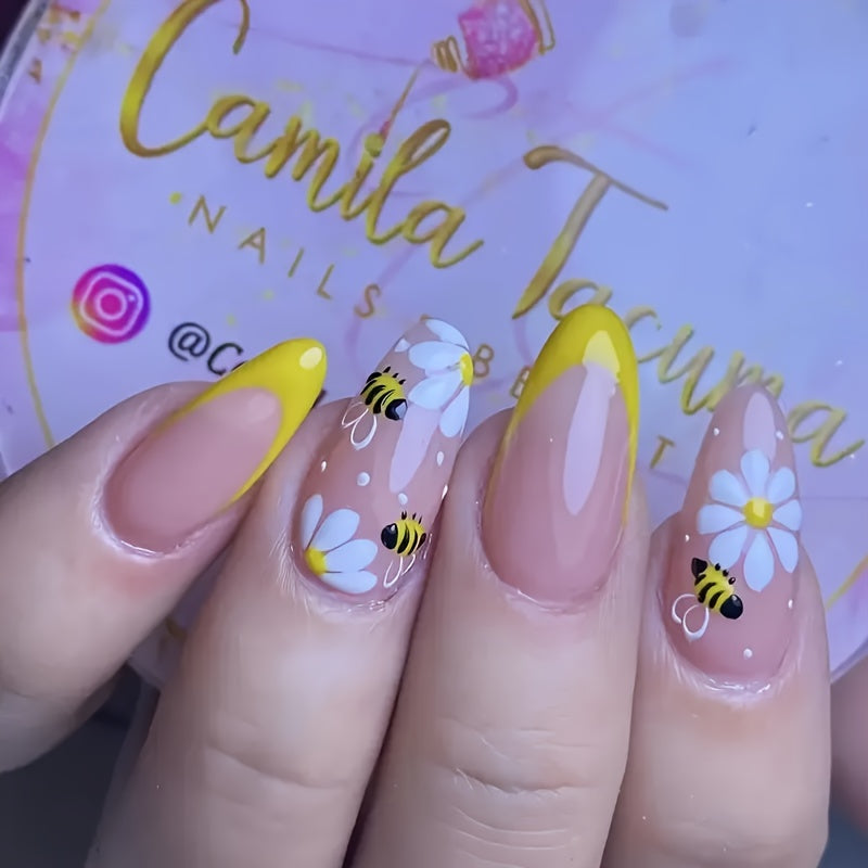 TEMU 24-piece Set, Long Almond-shaped Press-on Nails, Mixed Color, French Style, Animal & , Glossy Finish, With Jelly Glue & Nail File, Removable