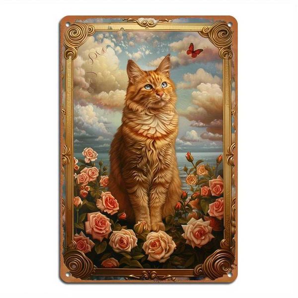 Enchanting cat and flower windowsill tin painted metal wall decoration easy to install suitable for home or office decoration size 8X12 inch