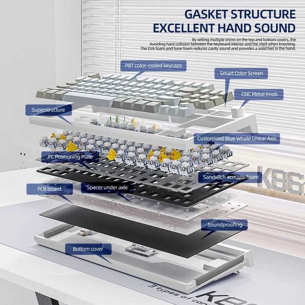 K86 Wireless Hot-Swappable Mechanical Keyboard Bluetooth-2.4g With Display Screen and Volume Rotary Button for Games and WorkZ240715