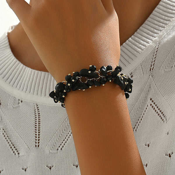 Golden Tone Iron Vintage Natural Dyed & Heated Black Agate Chips Beaded Bracelets for Women's Party Travel
