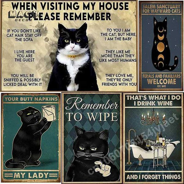 Vintage Funny Cute Cat Toilet Tin Sign Poster Metal Signs Text Shabby Decorative Metal Plates Painting Man Cave Decor Art WallB20240713