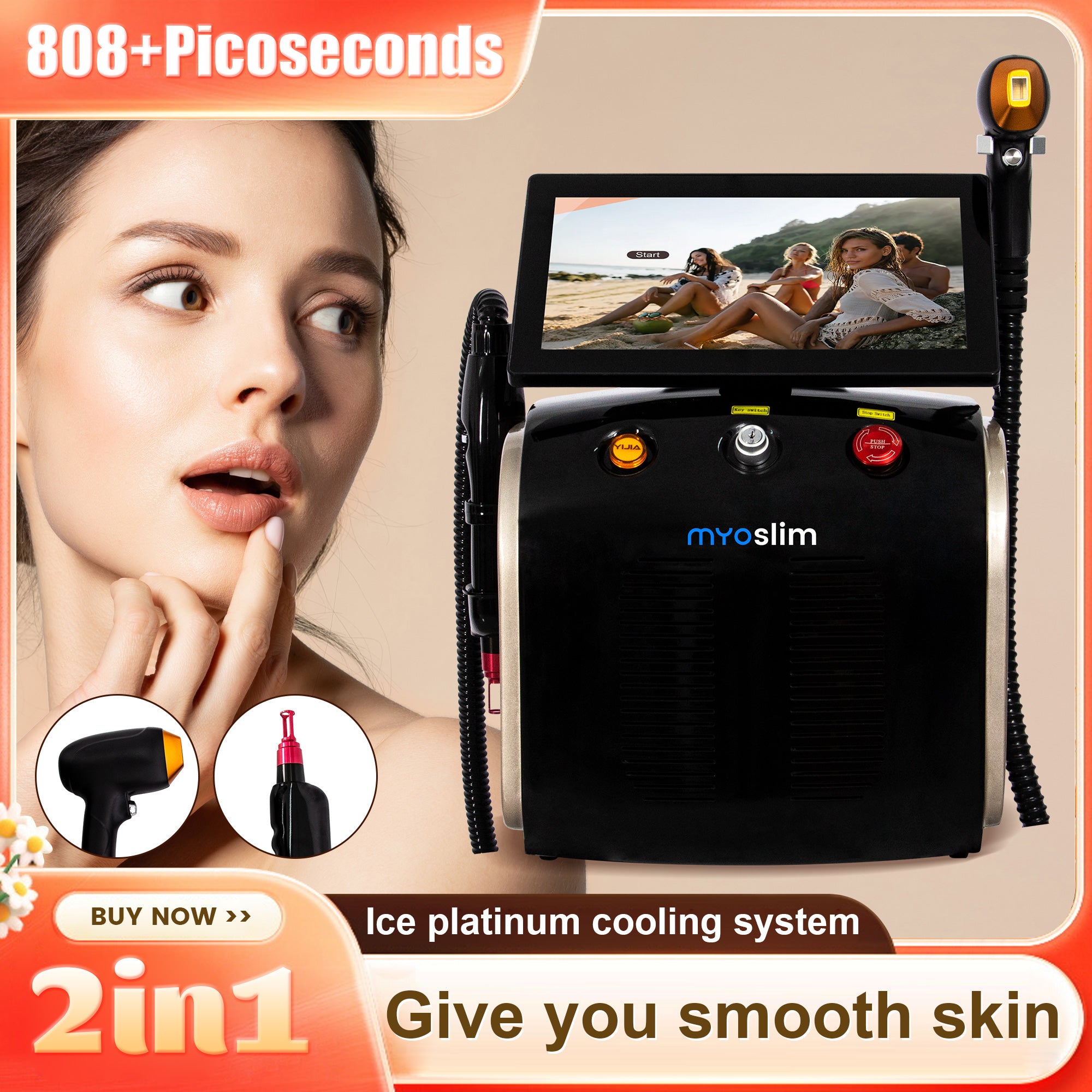 Professional 2 Handles 808nm Sapphire Laser for Painless Hair Removal + Picosecond for All Color Tattoos - 3500W Power
