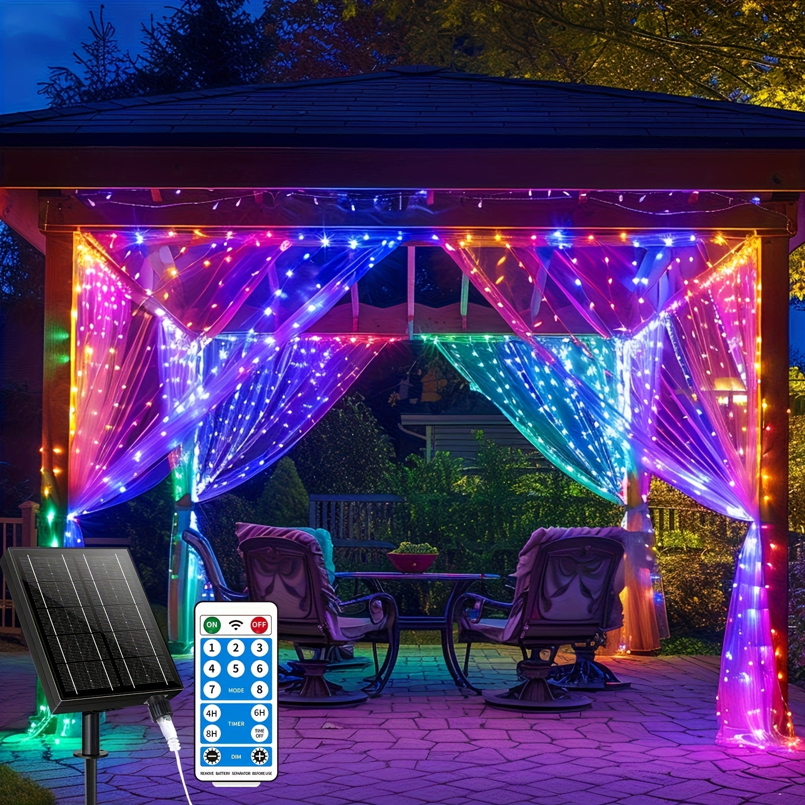 TEMU Upgraded 330led Solar Colorful Curtain Lights - 8 Dimmable Fairy String Lights, Energy Saving, Durable, Waterproof - Great For Patio, Gazebo,