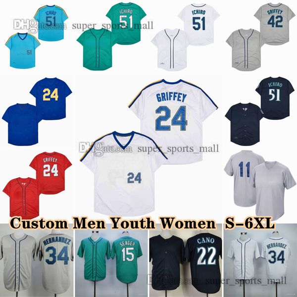 Vintage Baseball Jerseys 51 Suzuki Ichiro Ken Griffey Kyle Seager Robinson Cano Nelson Cruz Felix Hernandez Jim Bouton Custom Any Name Numbe