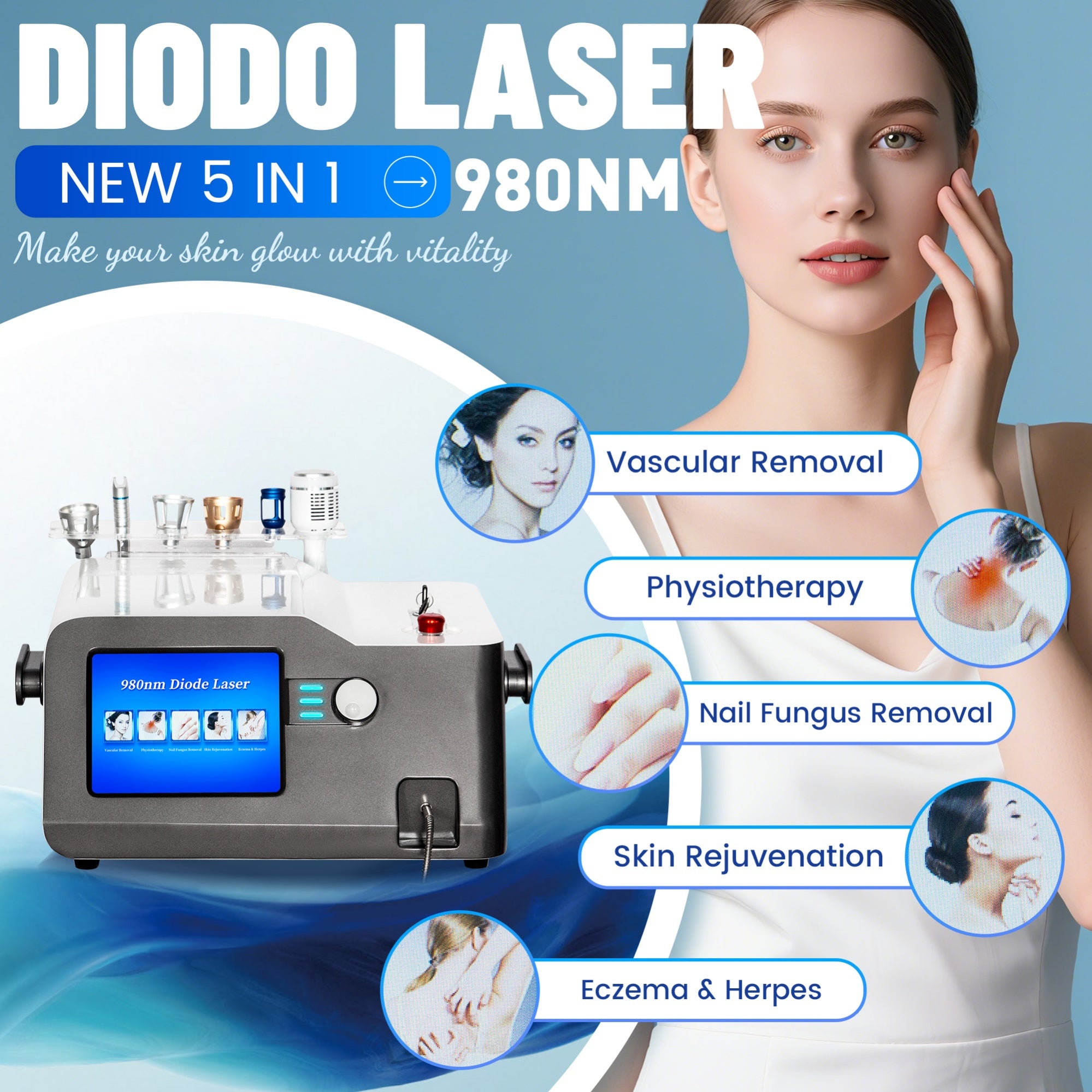 980nm Diode Laser Therapy Equipment For Red Blood Vessel Removal Nail Fungus Cure Eczema Care Skin Brightening And Cold Hammer Massage