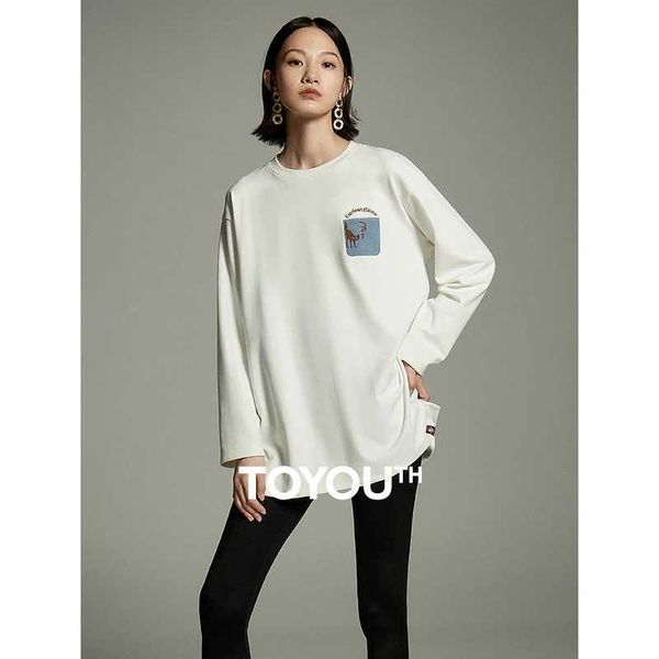 Men&#039;s T-Shirts Toyouth Womens Medium length Ts 2024 Winter Long Sleve Round Neck Loose T-shirt Embroidered Fashionable and Casual Overs