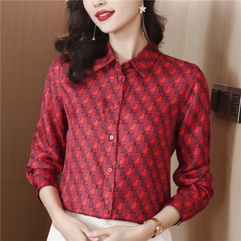 Fashion Rabbit Print Red Silk Shirt Women Long sleeved Lapel Neck Designer Blouses Casual Office Slim Ladies Button Down Runway Tops Clothing Spring