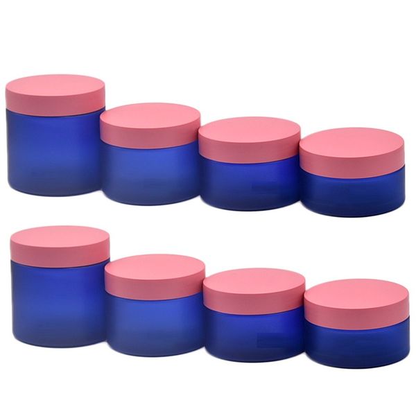 Frost Dark Blue Bottle Empty Plastic Pots Wide Mouth Refillable Bottles PET Skincare Facial Cream Jar Matte Pink Lid Cosmetic Containers 100