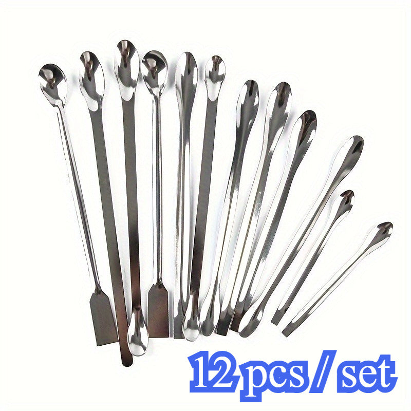 TEMU 12pcs Stainless Spoons - Laboratory Sampling & Mixing Utensils With Spatula - Ideal For Scientific