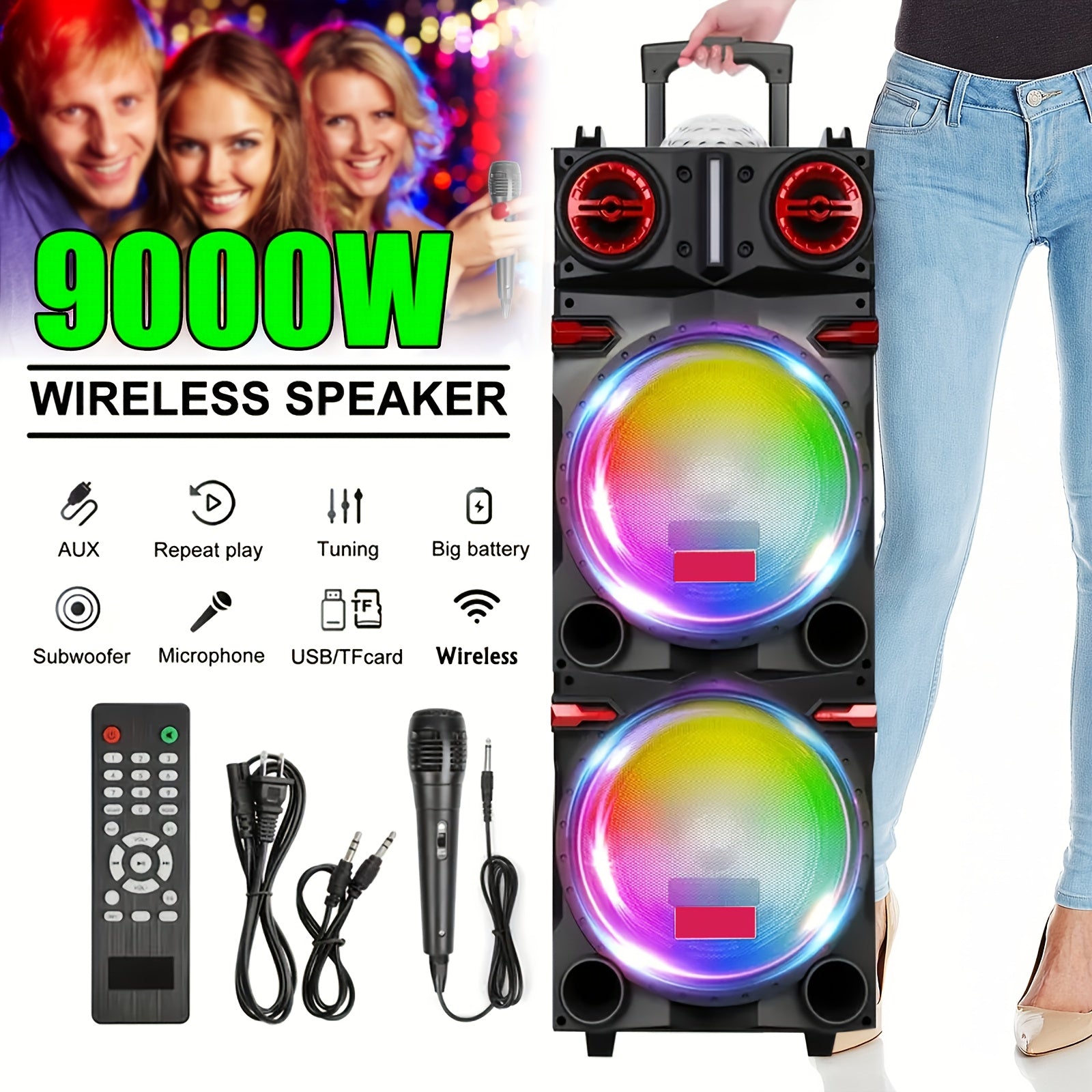 TEMU Portable Rechargeable Bluetooth Pa Speaker System W- Dual 10'' Woofer & 3'' Tweeter, 9000w Power Outdoor Speaker Microphone Set, Flashing Lights