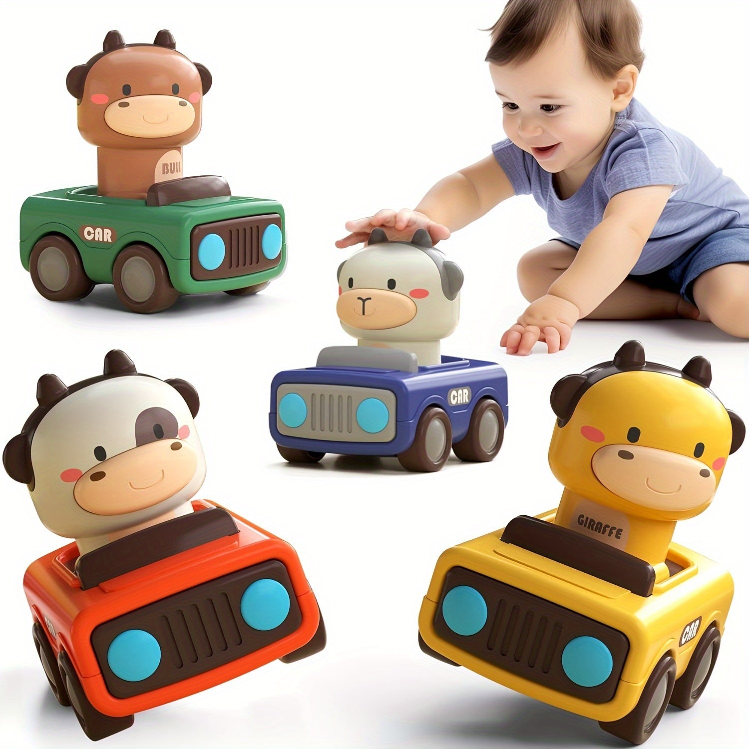 TEMU Pressing Walking Car Toy, Animal Racing Car, Baby Boy And Girl Toy Car Set, Suitable For 1-3-year-old Infants, Big-eared Cow, Suitable As A Gift