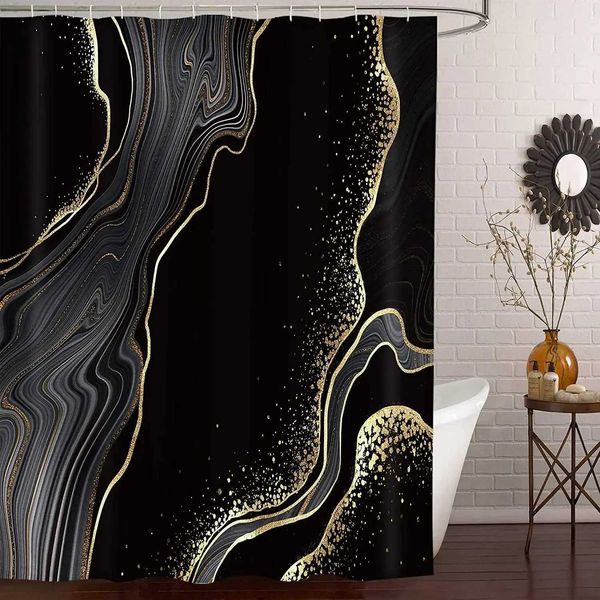 Black Gold Marble Crack Bathroom Shower Curtain Luxury Abstract Deco Textured Geode Art Polyester Fabric Hooks Bath Curtain Set Y240815