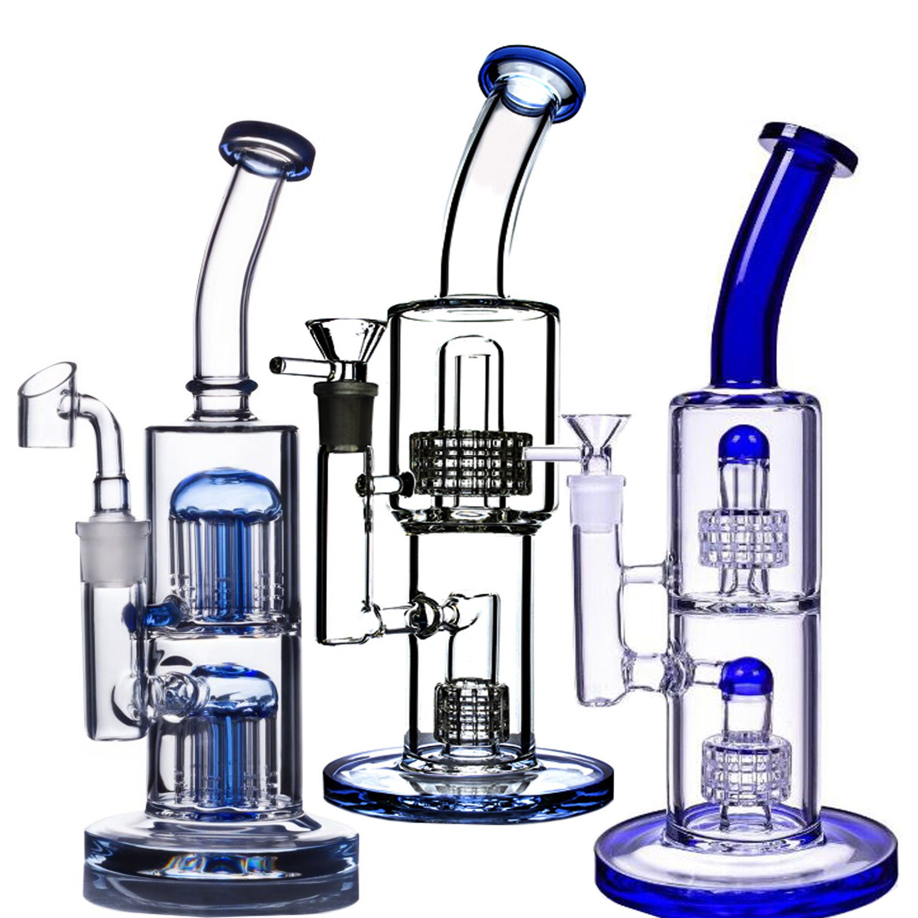 Blue Glass Bong Double Matrix Perc Smoking Water Pipes Hookahs Bubbler Glass Water Bongs Recycler Dab Oil Rig with 14mm Joint