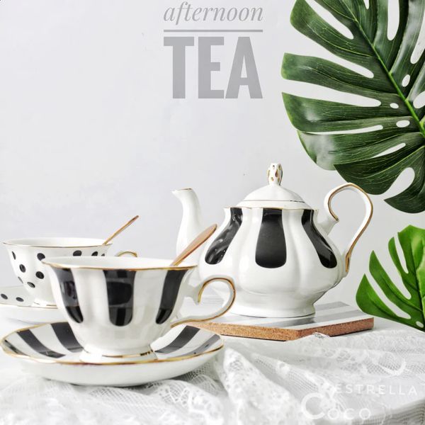 Retro black and white polkadot striped bone China European Phnom Penh coffee cup saucer set ins po afternoon tea 240729