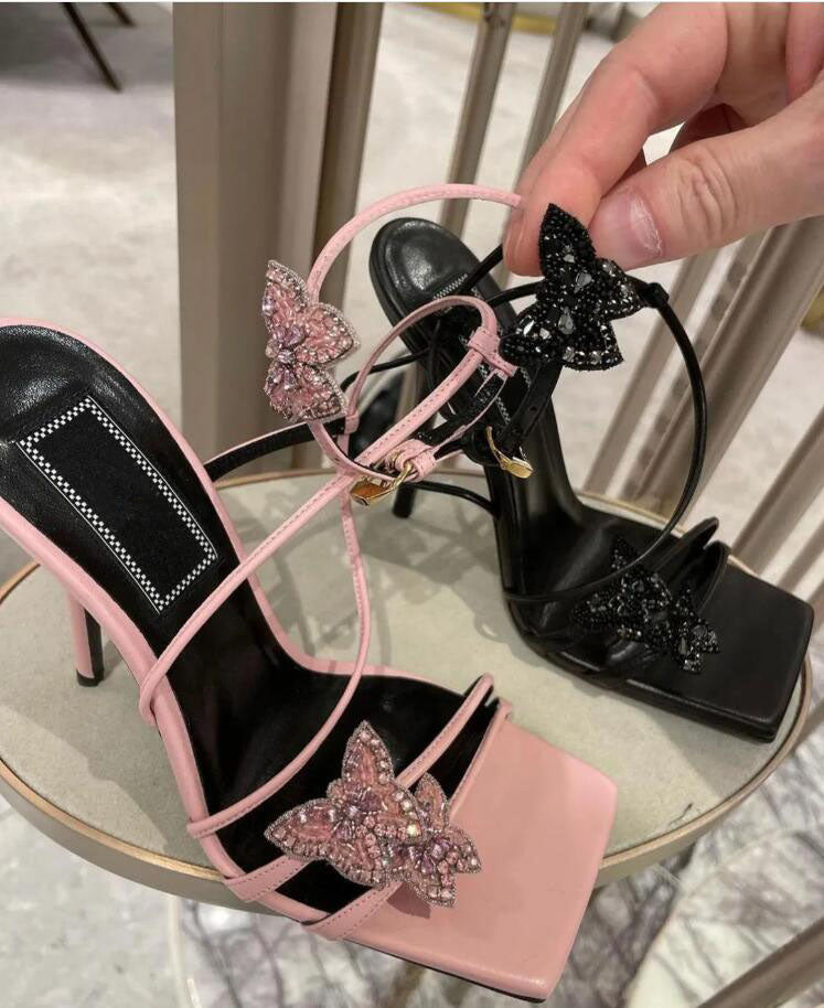 Elegant Designer Dua Lipa Women Sandals Shoes Butterfly Straps High Heels Party Wedding Dress Elegant Lady Footwear Black Blue Pink