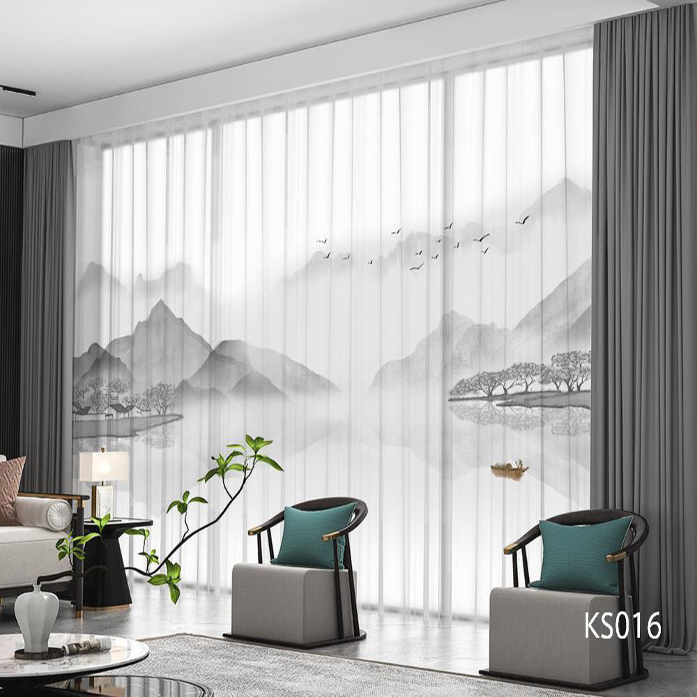YL-36669 Modern New Chinese Style Ink Painting Landscape Living Room Study High-end Bedroom Famous Hotel Curtain Zen Gauze Curtain