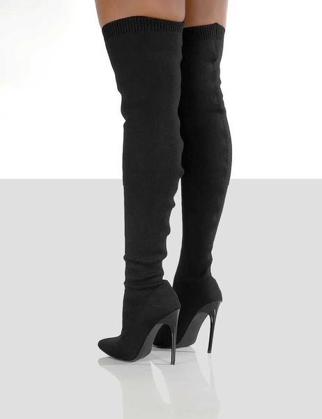 2024 Womens Long Socks Over Knee Boots Long Sleeve Fabric High Heels Sneakers Pointed Toe Wan Lg Boots Size 36-43 Y241107