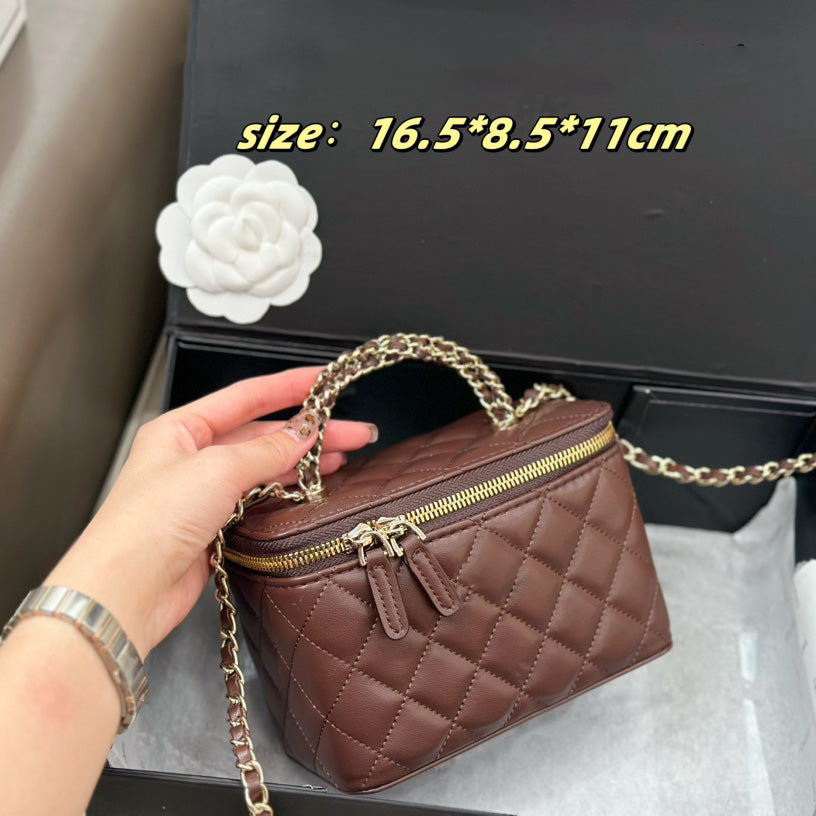24B Portable Cross Fried Dough Twists Handle Cosmetic Case Box Vanity Bag With Mirror Lambskin Real Leather Cross Body Clutch Cute Purse 16.5x8.5x11