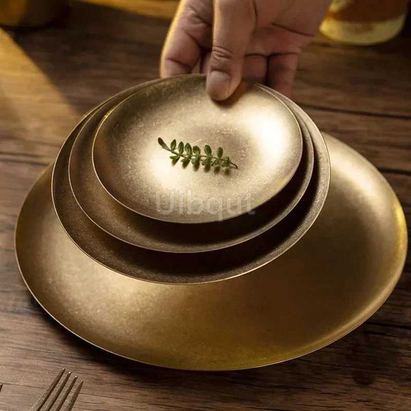 Gold Vintage Industrial Style Metal Dinner Plate Stainless Steel Outdoor Camping Western Food Plates French Restaurant Bone DishC241213